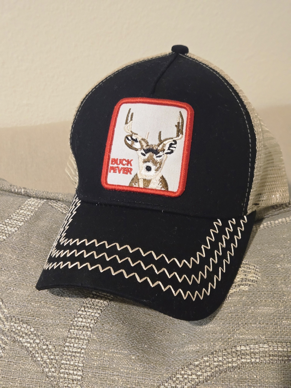 Buck Fever Deer Patch Black Tan Mesh Trucker Hat Western Hunting Snapback